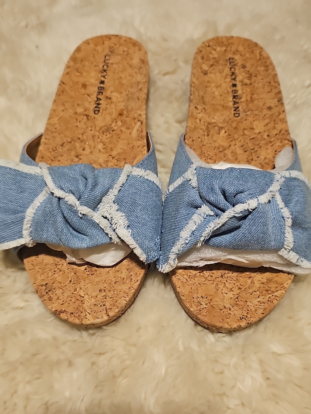 Lucky Brand Light Blue Denim Knot Cork Slide Mules